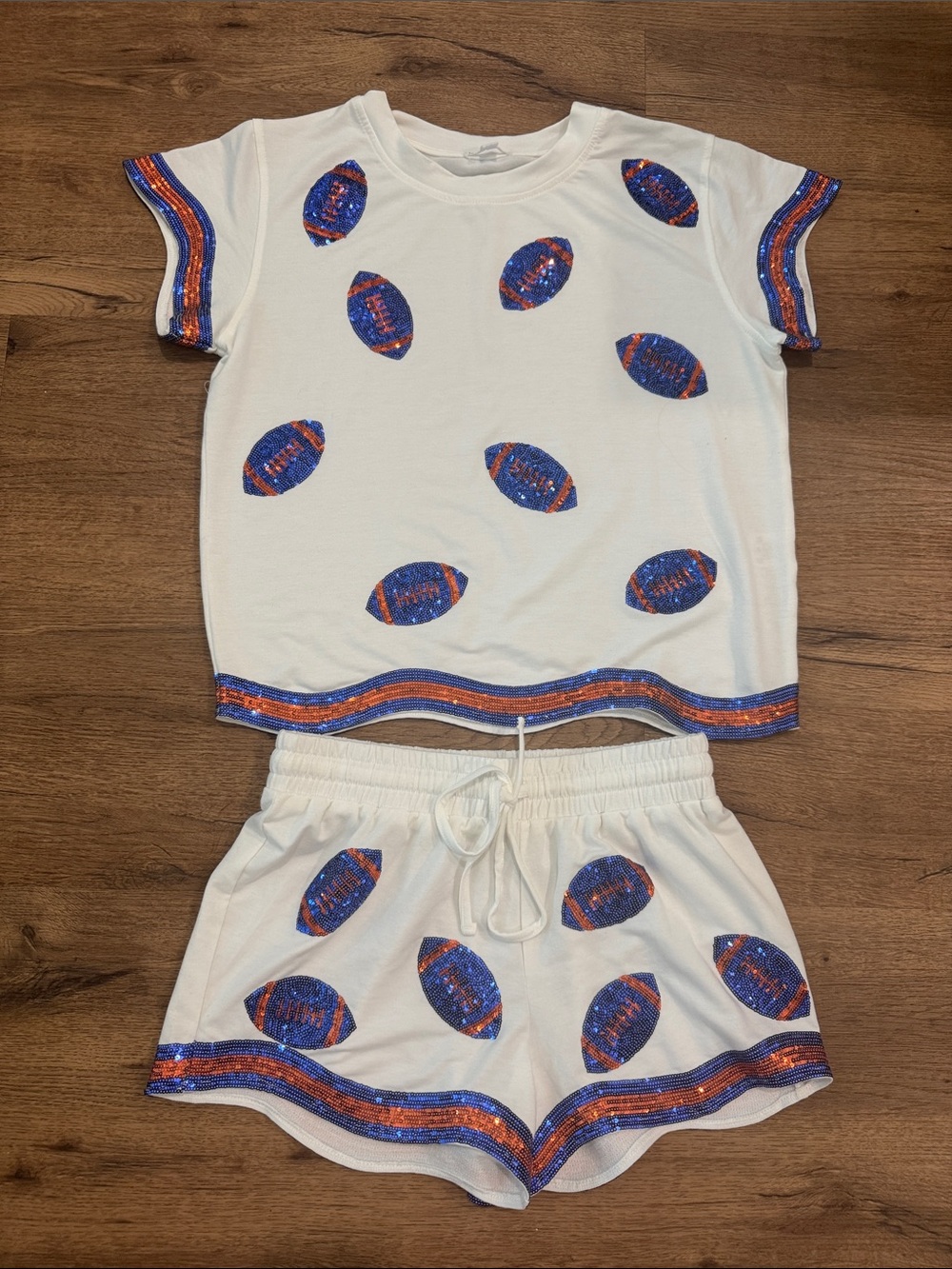 Mary Square White Sequin Football Short Set with Blue & Orange Trim